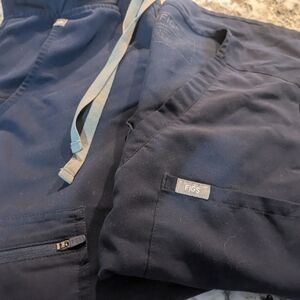 FIGS Scrub Pants and Top in Navy with Light Blue Drawstrings